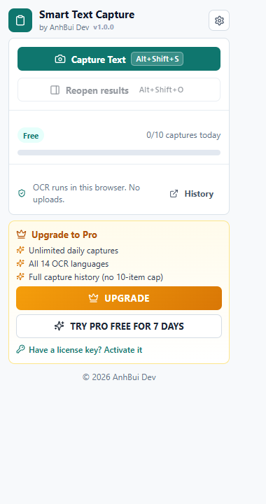 The Smart Text Capture extension popup, with the settings gear highlighted.